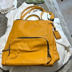Mustard, yellow, faux, leather backpack, side bag